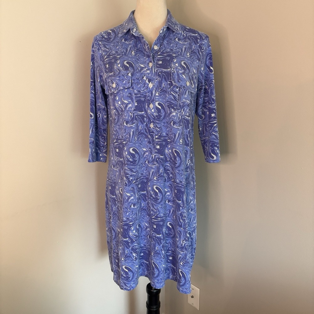 Duffield Lane Coco Shirt Dress Medium Blue Marble Swirl Knit Stretch 3/4 Sleeve